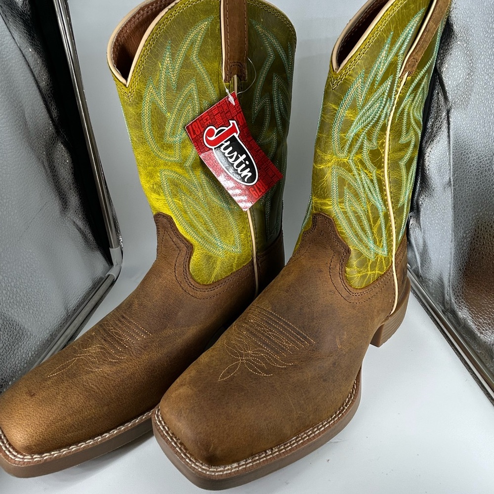 Justin green and  Tan Leather Boots size 10D new